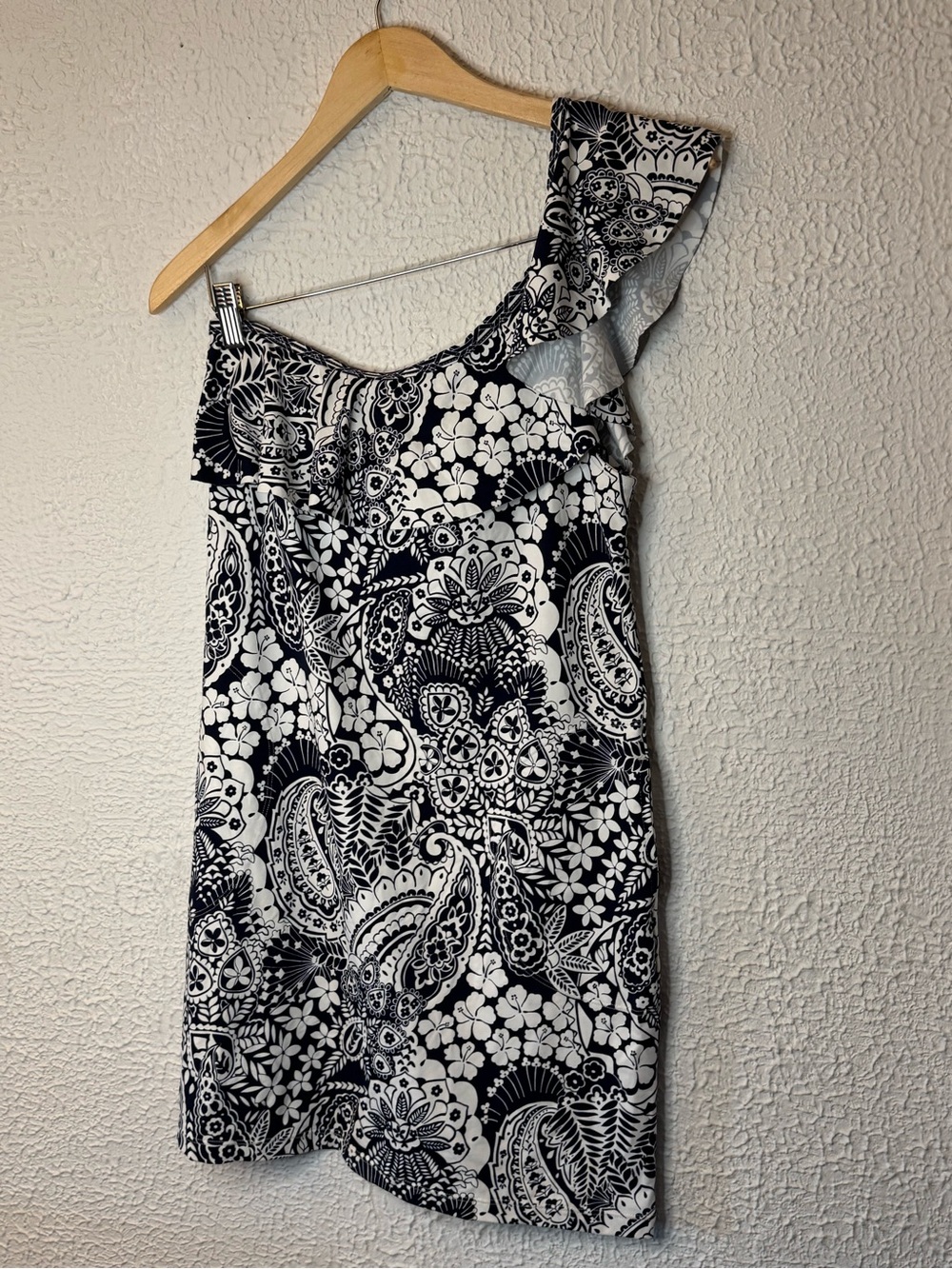 Tommy Bahama Navy Blue & White One-Shoulder Paisley Ruffle Dress